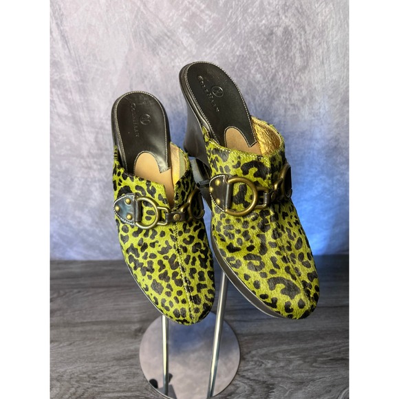 Cole Haan Shoes - Cole Haan Green Leopard Calf Hair Wedge Mules Size 7AA Clogs Buckles Vintage